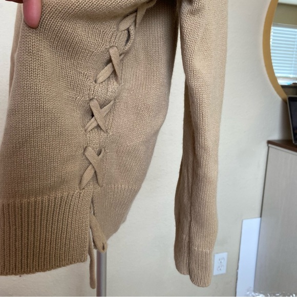 Vince 100% Cashmere Lace Up Crewneck Sweater Camel Oversized size S - Picture 5 of 11